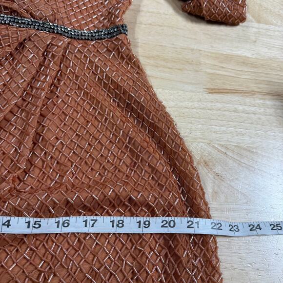 Mac Duggal NWT Copper Beaded Wrap Over Puff Sleeve Dress Rhinestone Waist Sz 10 - Picture 9 of 10